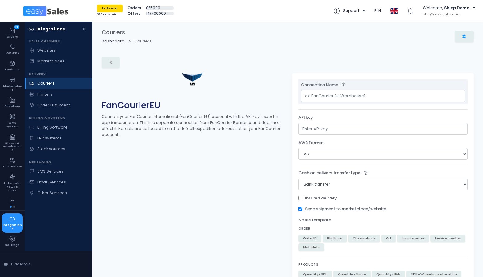 The FAN Courier International connection form in easySales