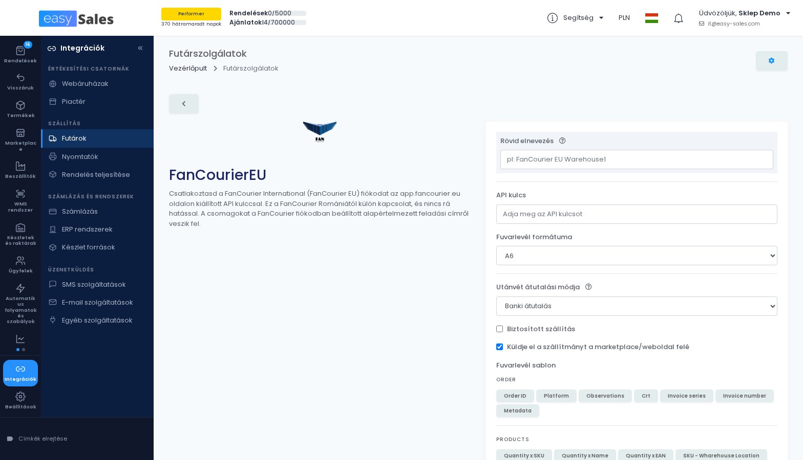 A FAN Courier International kapcsolati urlapja az easySalesben