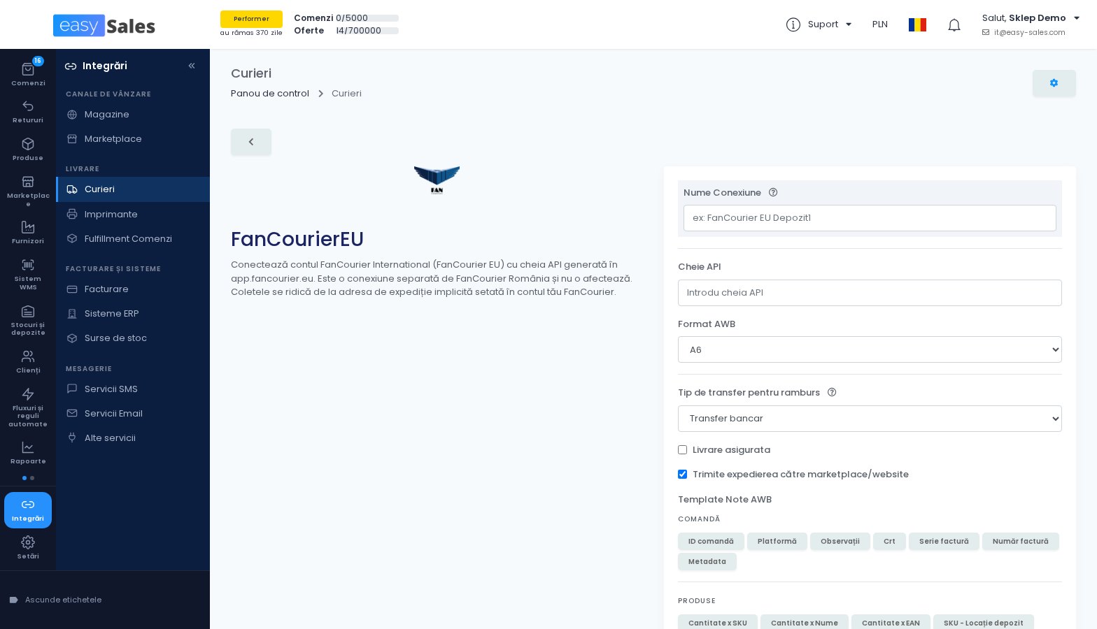 Click pentru mărire Formularul de conectare FAN Courier International in easySales