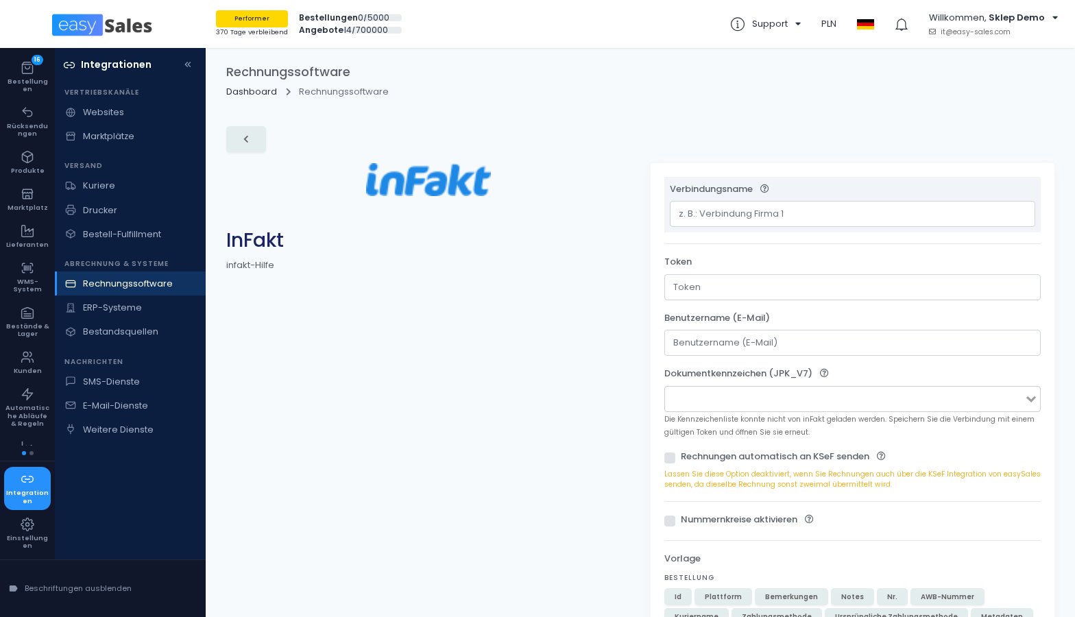 Die inFakt-Verbindung mit der Option, Rechnungen automatisch an KSeF zu senden in easySales