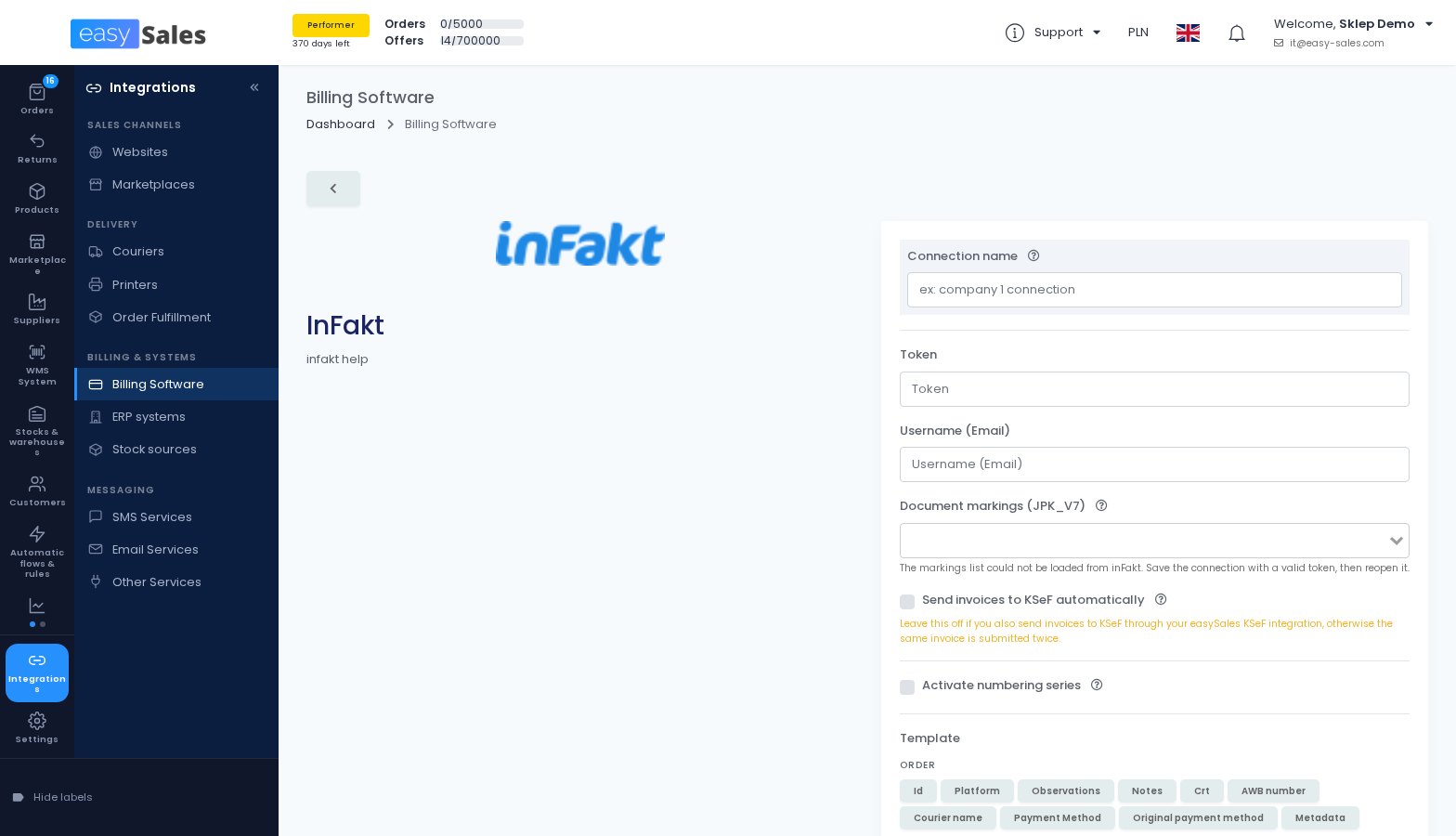 The inFakt connection, with the option to send invoices to KSeF automatically in easySales