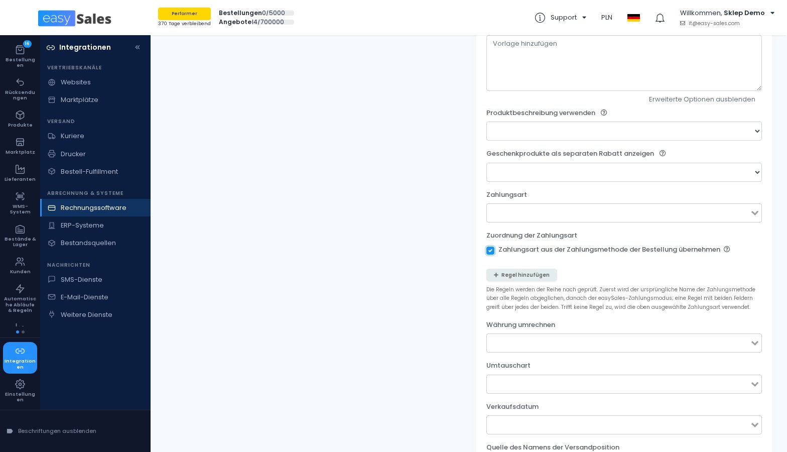 Die Zuordnung der Zahlungsart für Fakturownia in easySales