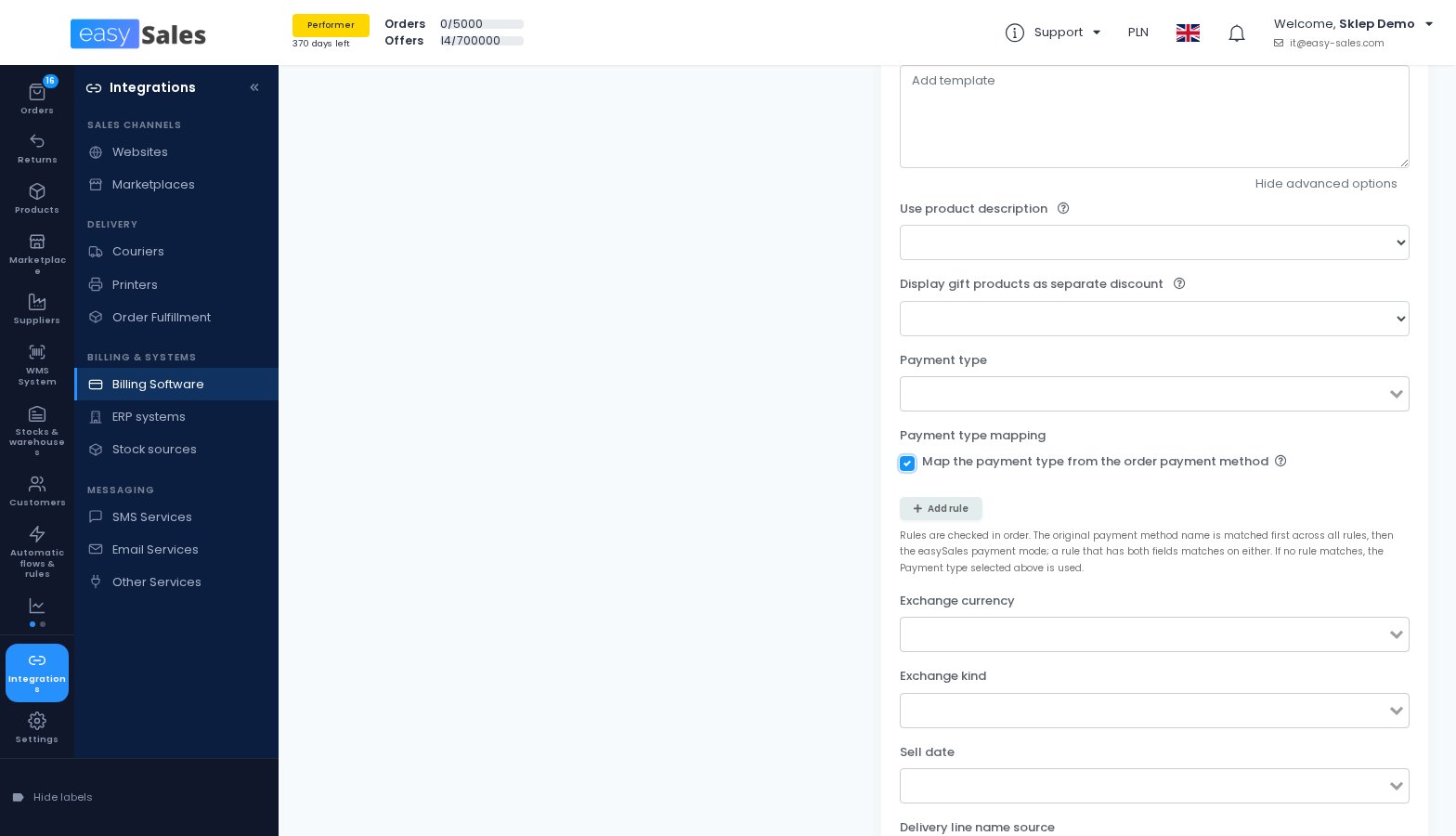The Fakturownia payment type mapping in easySales