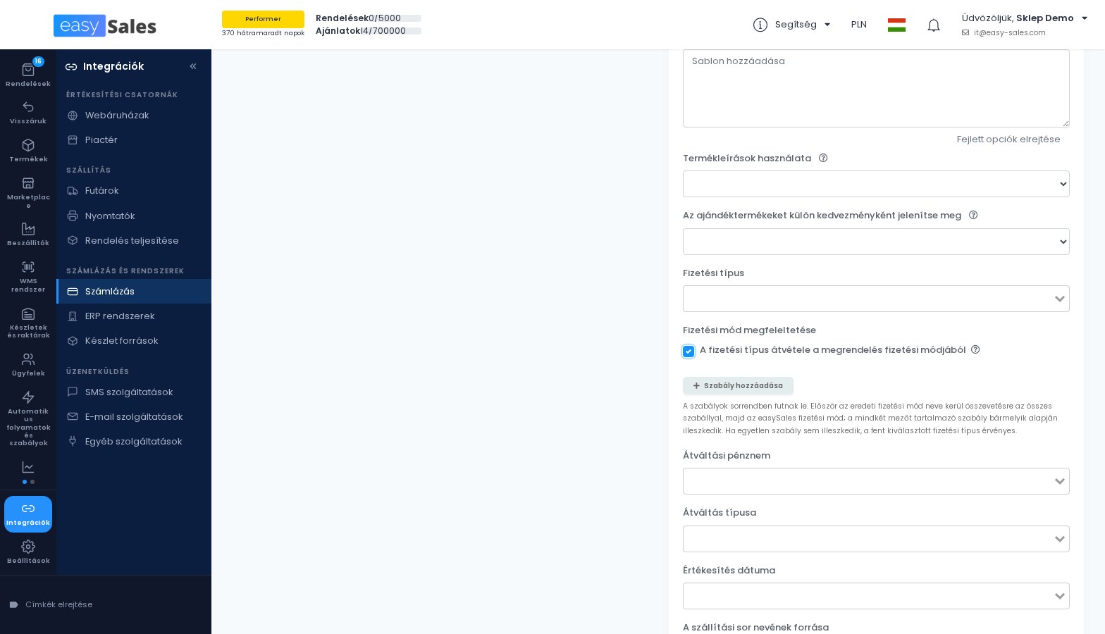 A Fakturownia fizetesi mod megfeleltetese az easySalesben