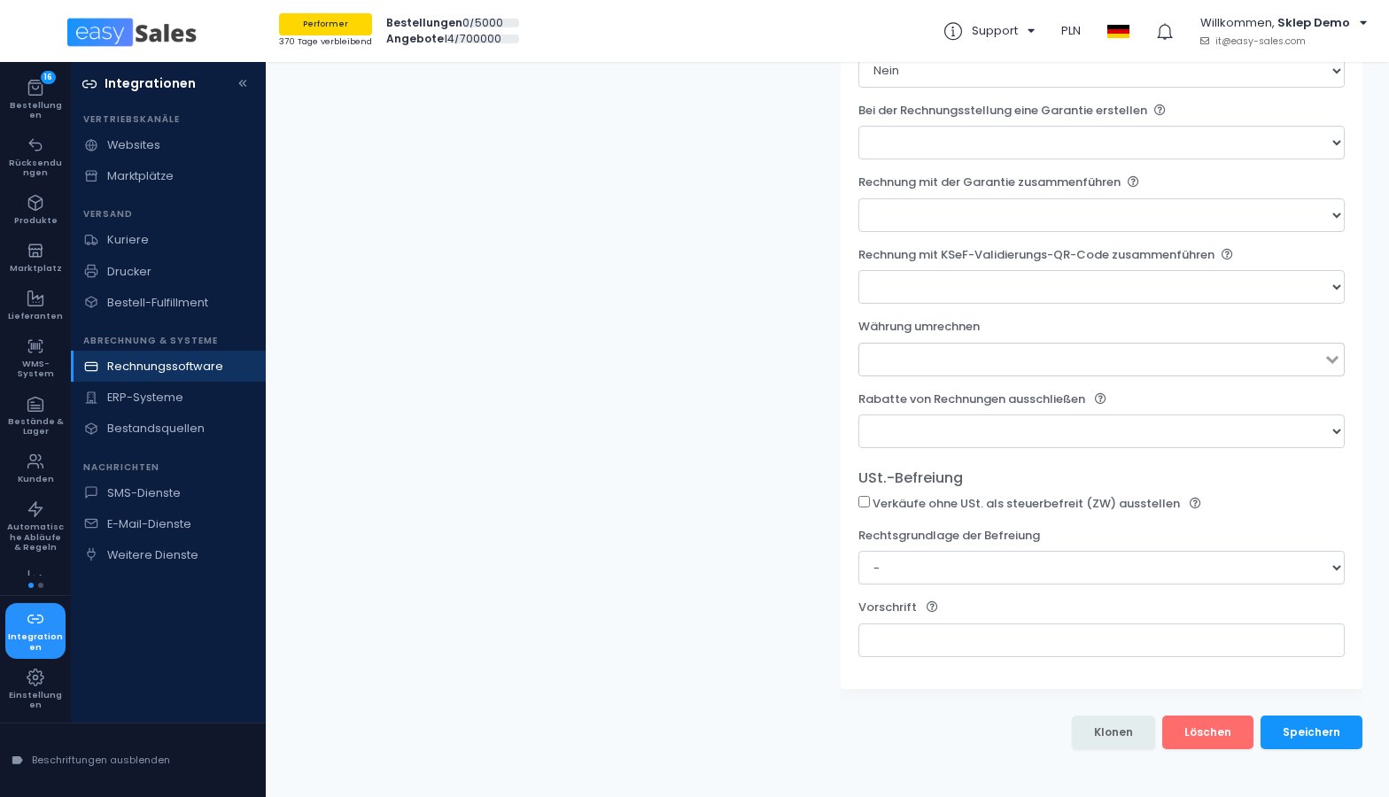 Die Einstellungen zur USt.-Befreiung in der easySales-Rechnungsverbindung in easySales