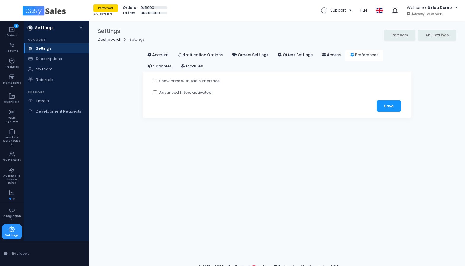 The preference to show and enter prices with tax in easySales