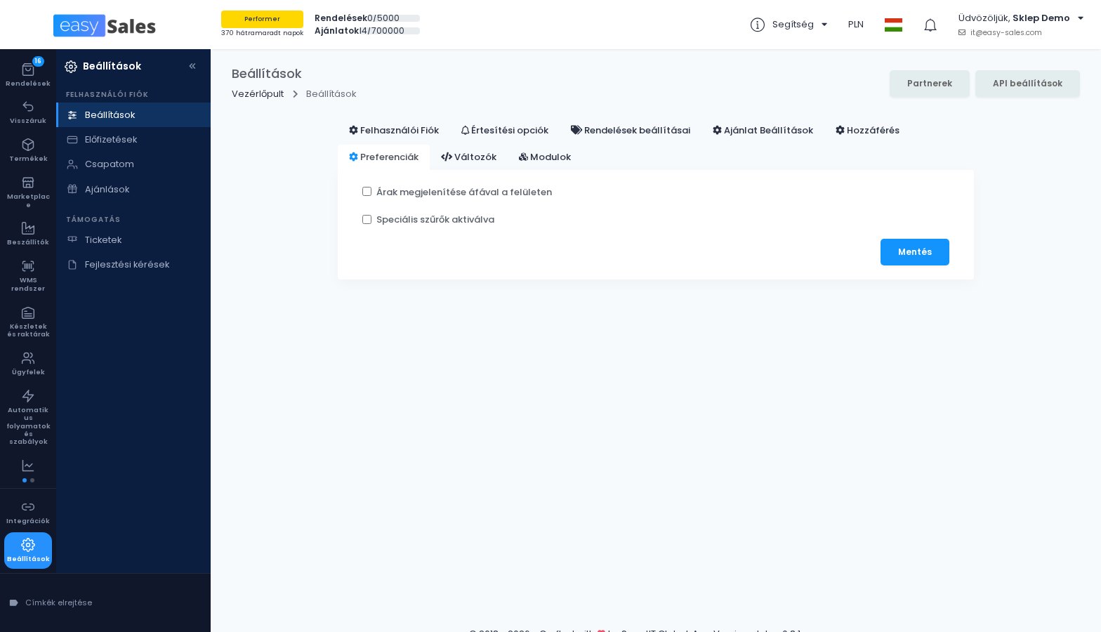 Az arak adoval torteno megjelenitesenek es megadasanak beallitasa az easySalesben