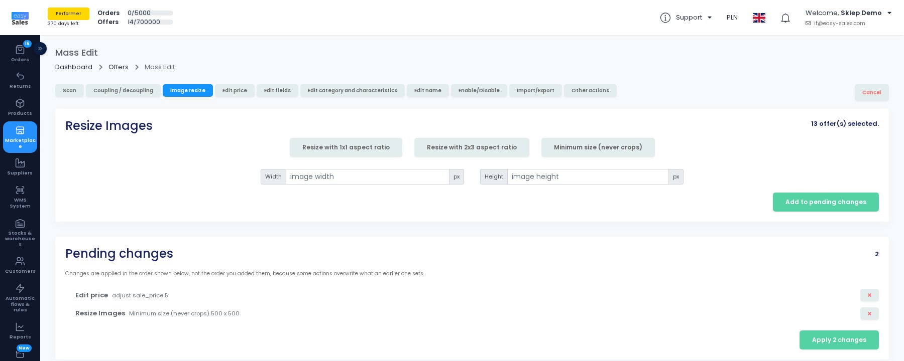 The Pending changes list in Mass Edit, with two changes queued in easySales