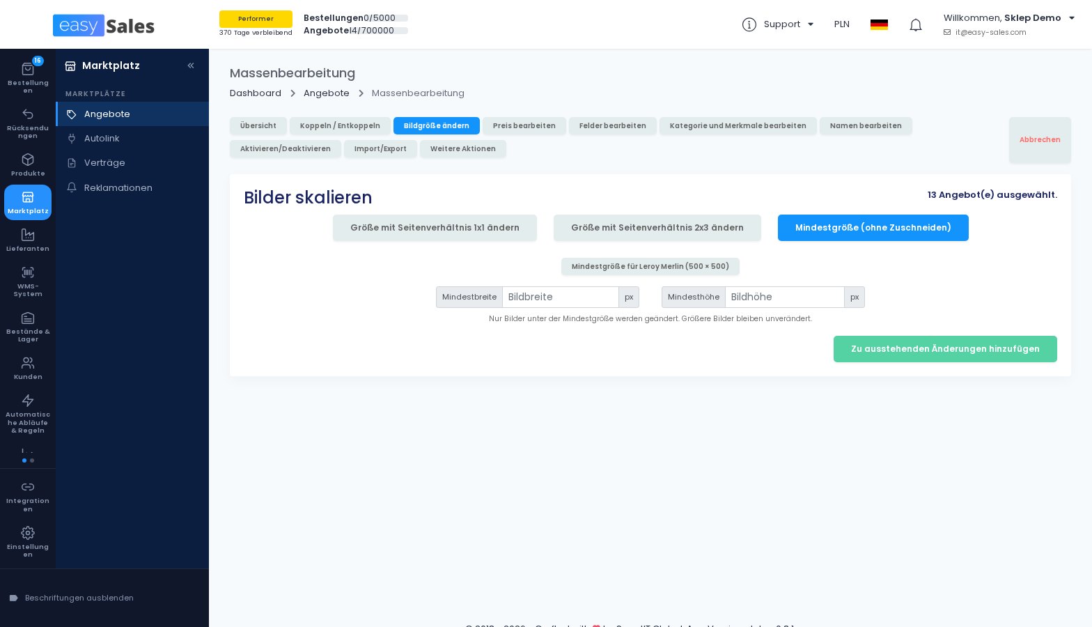 Die Bildanpassung auf Mindestgröße in der Massenbearbeitung in easySales