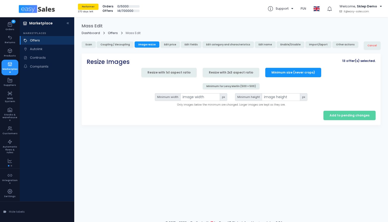 The minimum size image resize in Mass Edit in easySales