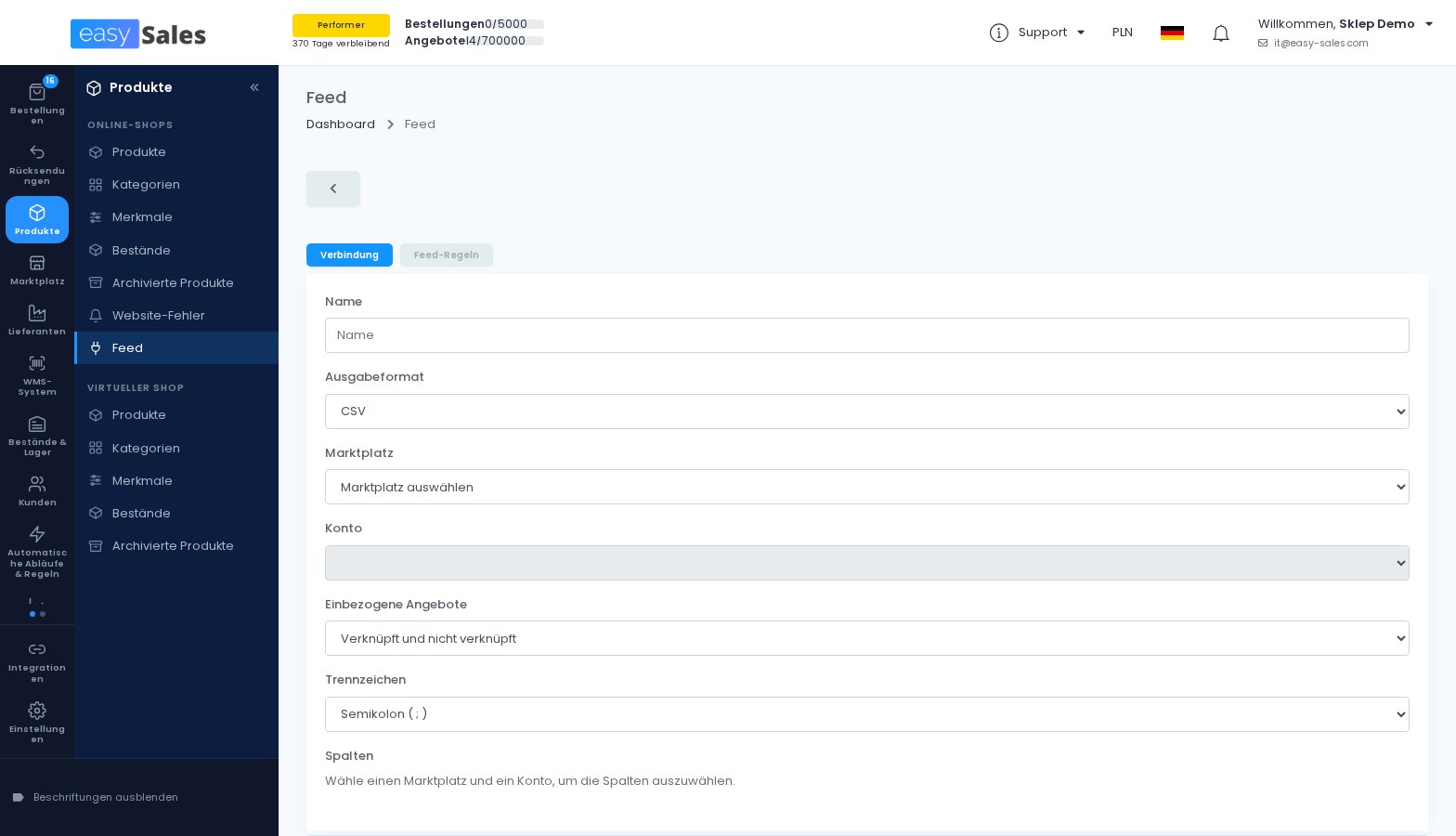 Ein benutzerdefinierter Feed aus Marktplatz-Angeboten in easySales