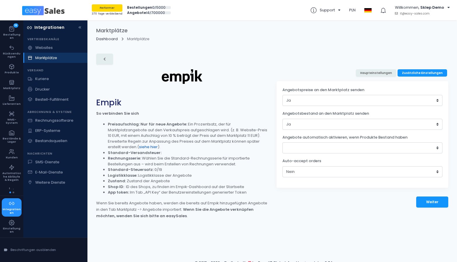 Die zusätzlichen Empik-Einstellungen mit automatischer Bestellannahme in easySales