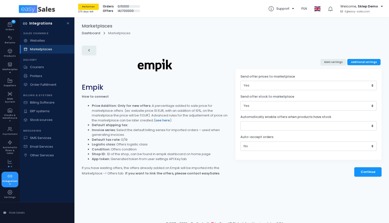 The Empik additional settings, with automatic order acceptance in easySales