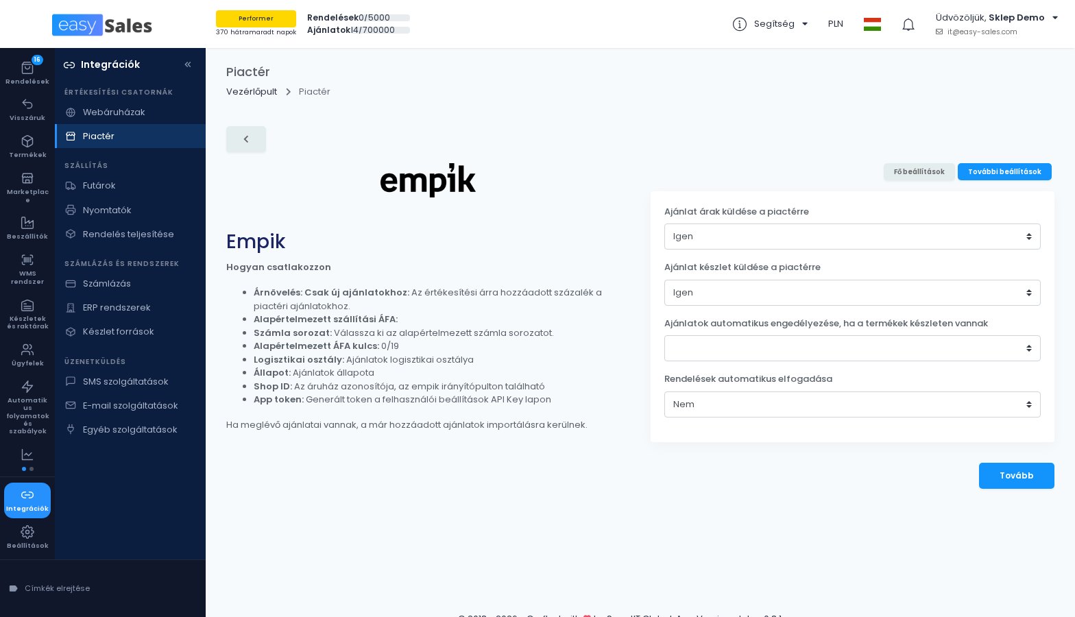 Az Empik tovabbi beallitasai a rendelesek automatikus elfogadasaval az easySalesben