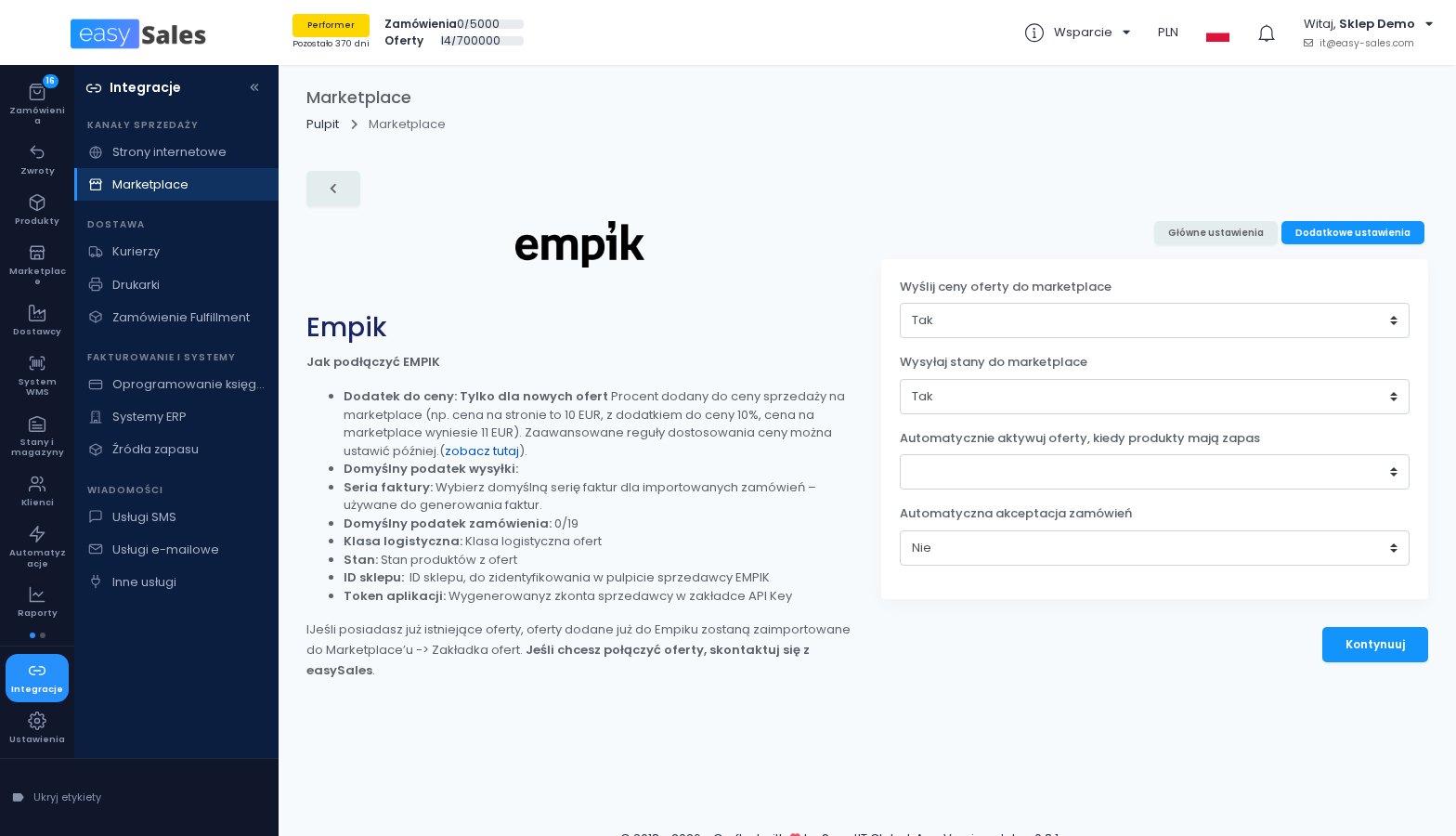 Kliknij, aby powiększyć Dodatkowe ustawienia Empik z automatyczną akceptacją zamówień w easySales