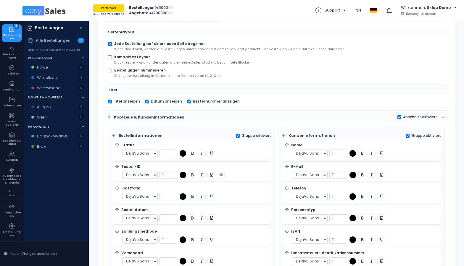 Die Seitenlayout-Optionen der Bestell-PDF-Vorlage in easySales