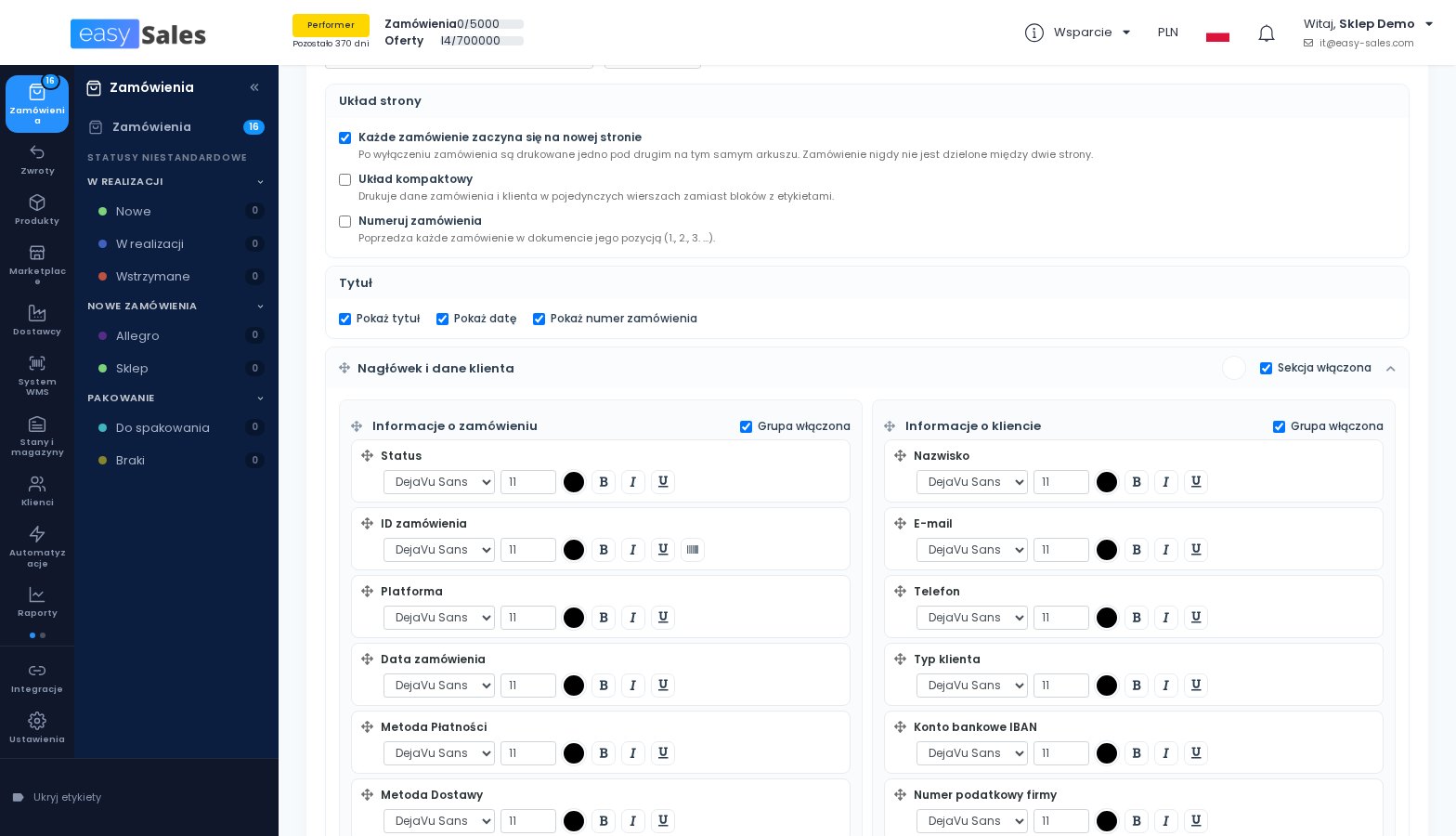 Kliknij, aby powiększyć Opcje układu strony w szablonie PDF zamówienia w easySales