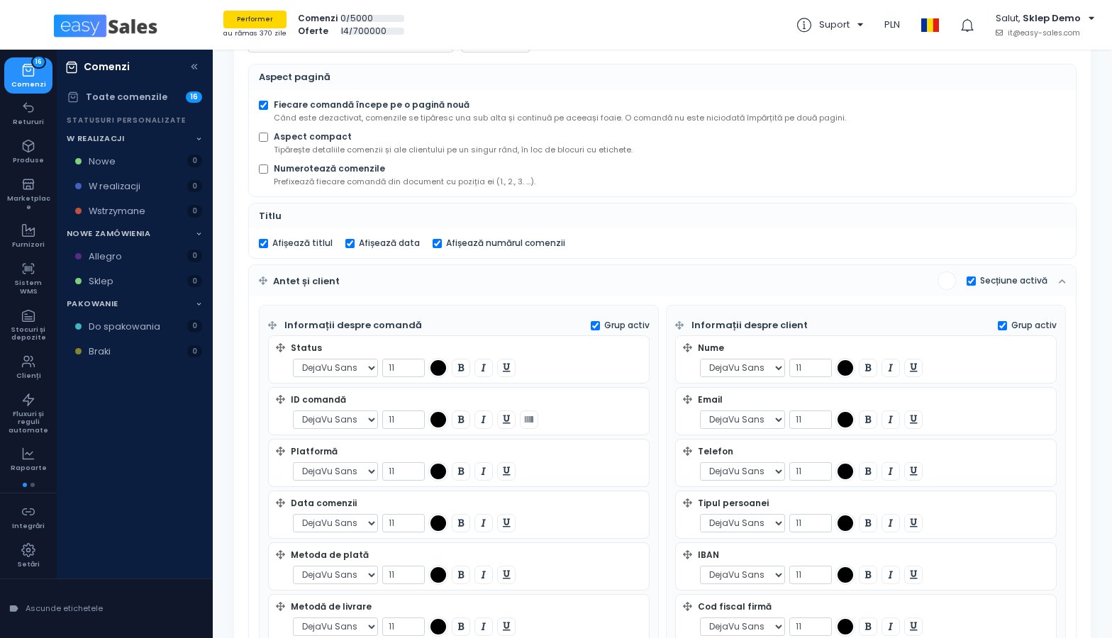 Click pentru mărire Optiunile de aspect al paginii din sablonul PDF al comenzii in easySales