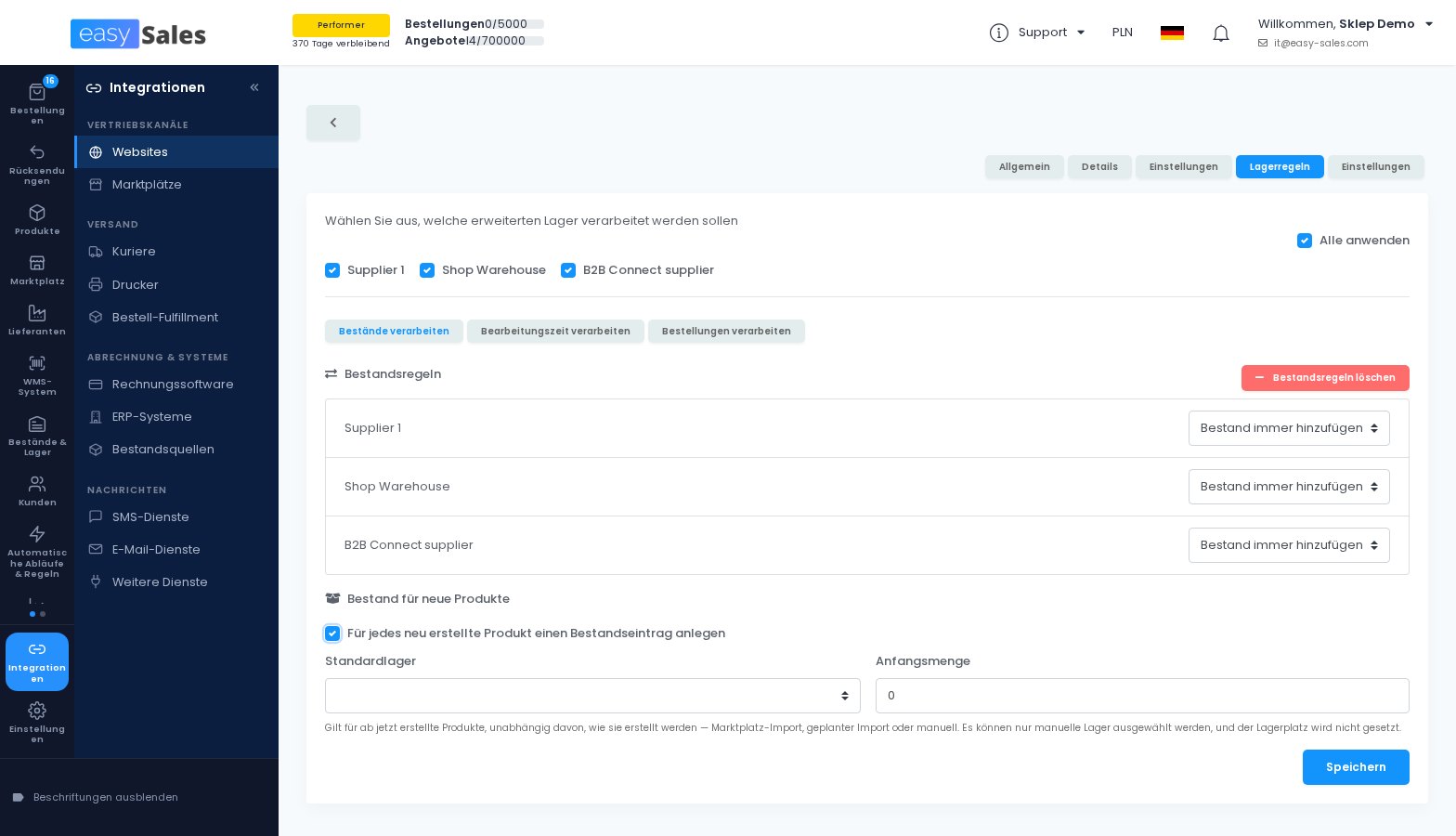 Die Lagerregeln eines Shops mit Bestand für neue Produkte in easySales