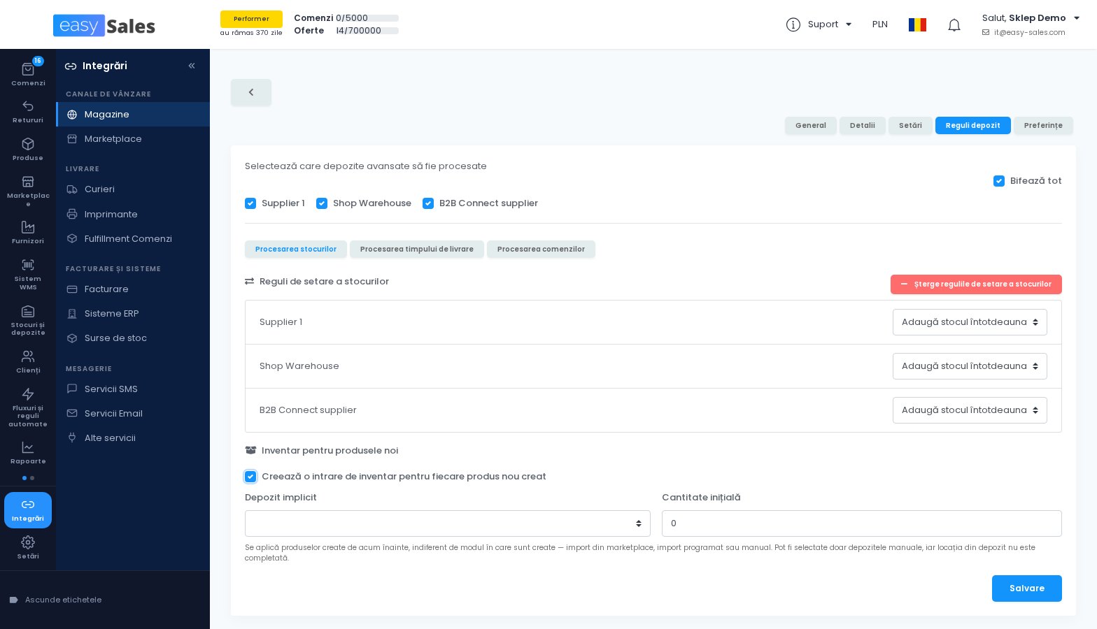 Click pentru mărire Regulile de depozit ale unui magazin, cu inventarul pentru produsele noi in easySales