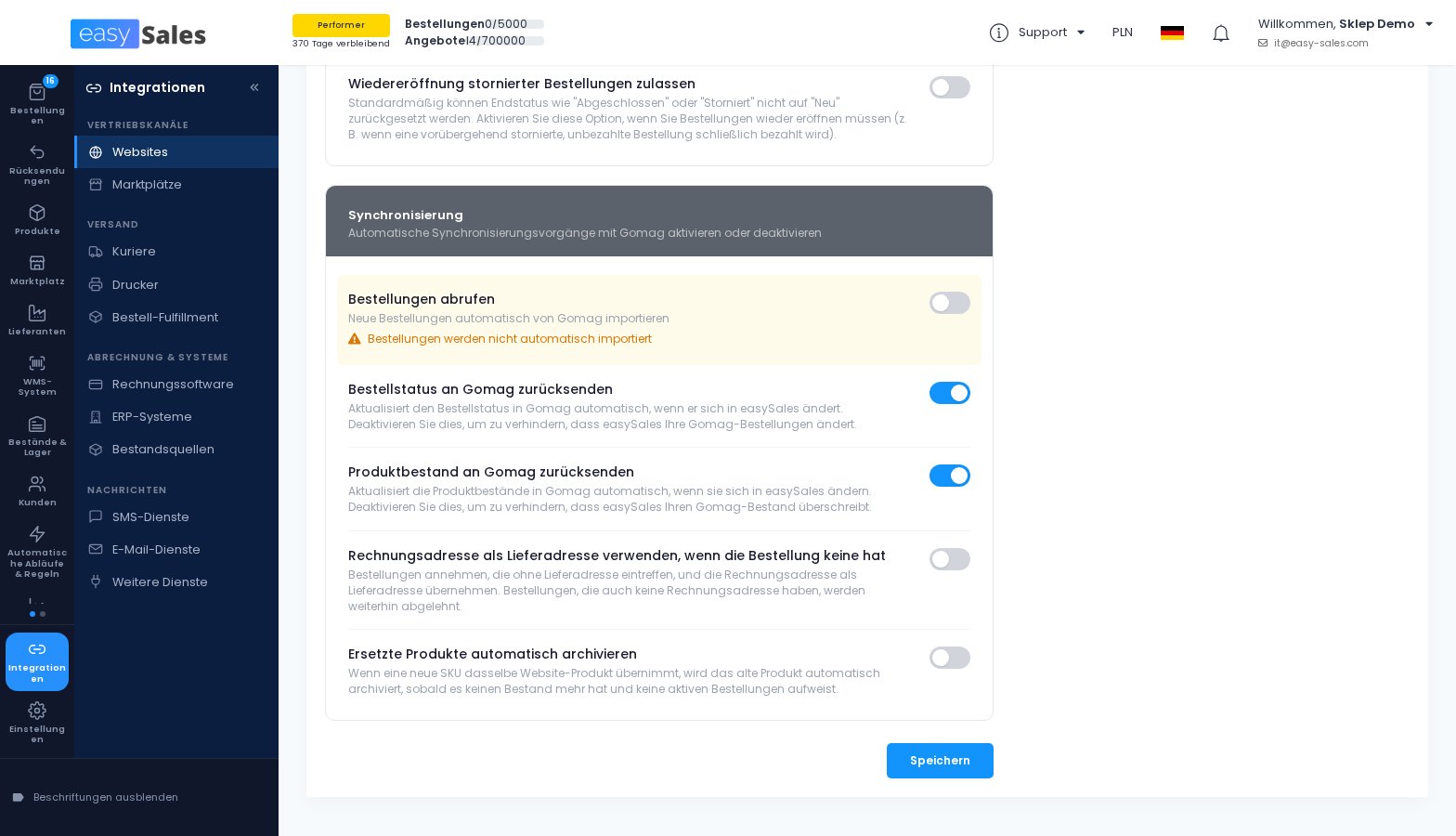 Die Shop-Einstellung, die Rechnungsadresse zu verwenden, wenn eine Bestellung keine Lieferadresse hat in easySales
