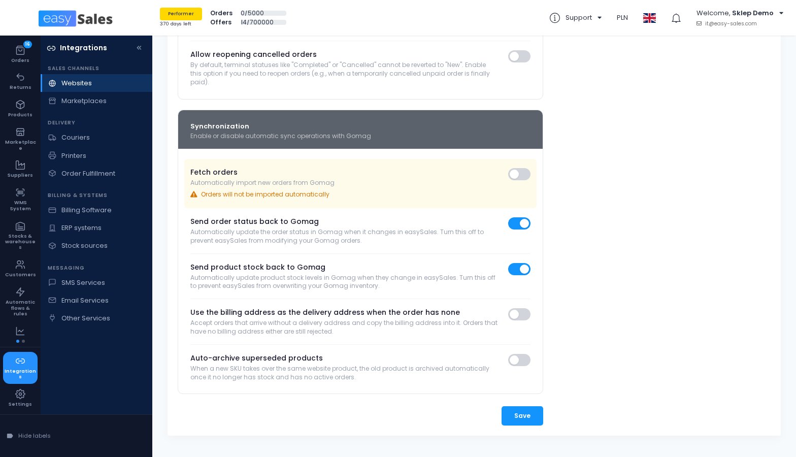 The shop preference to use the billing address when an order has no delivery address in easySales