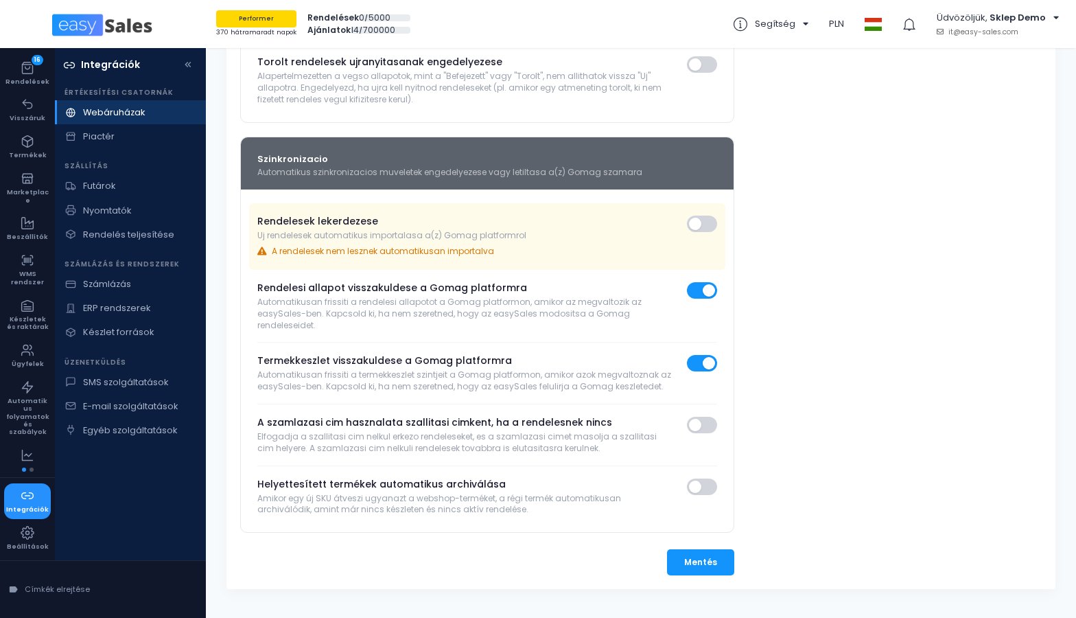 A webaruhaz beallitasa a szamlazasi cim hasznalatara, ha a rendelesnek nincs szallitasi cime az easySalesben