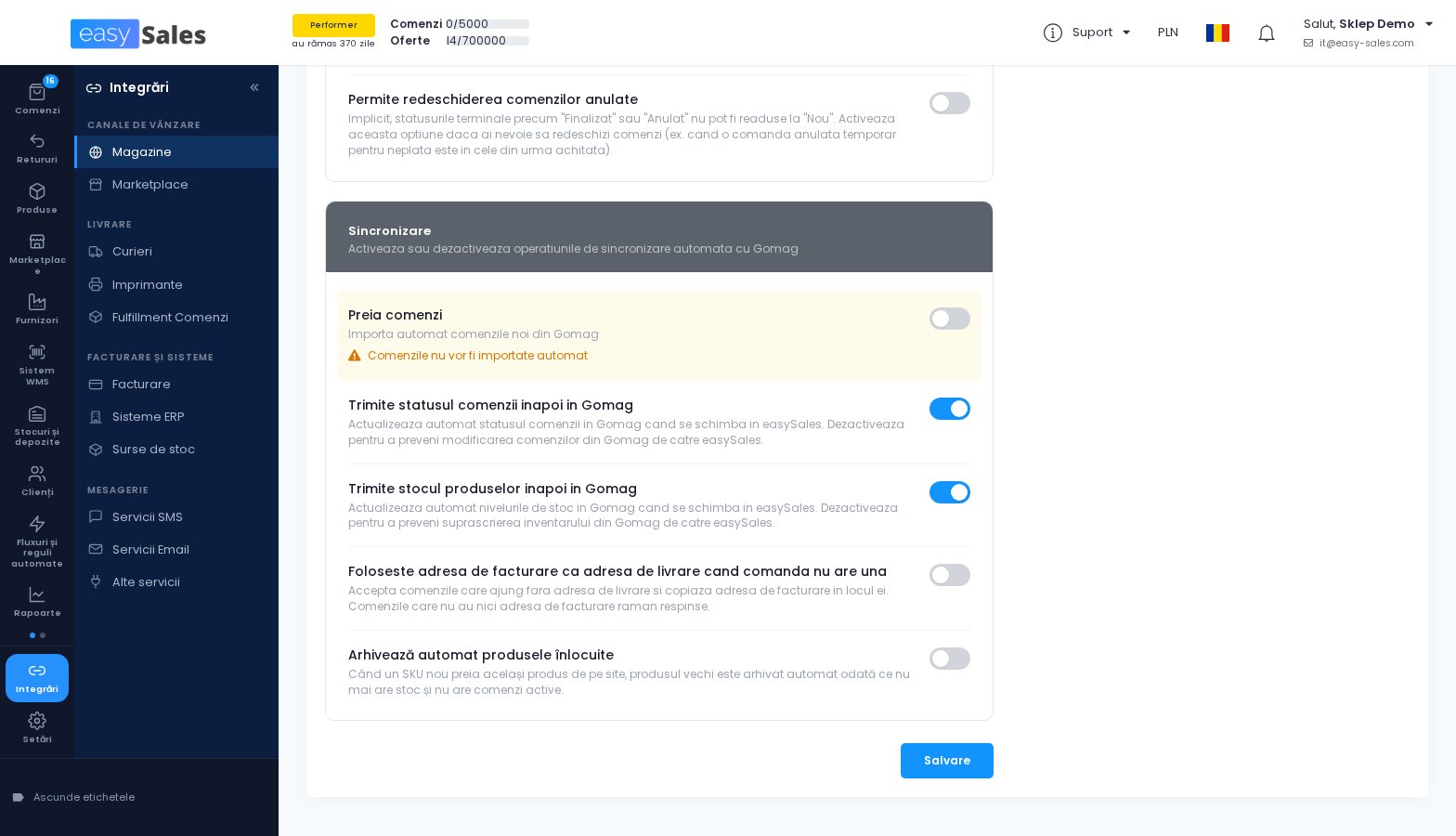 Click pentru mărire Preferinta magazinului de a folosi adresa de facturare cand comanda nu are adresa de livrare in easySales