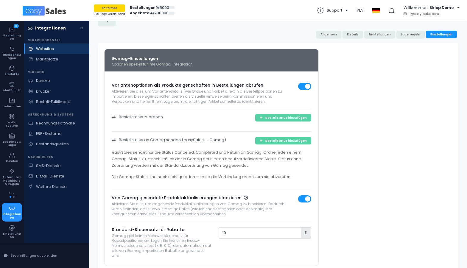 Die Zuordnung der Bestellstatus für Gomag in easySales