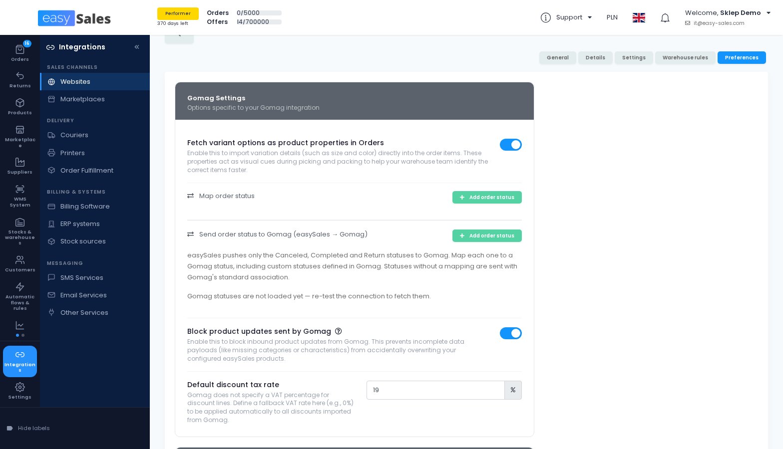 The Gomag order status mapping in easySales