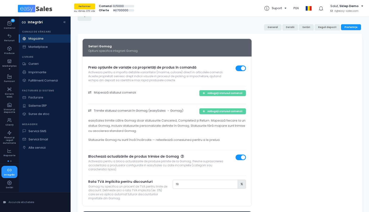 Click pentru mărire Maparea statusurilor de comanda pentru Gomag in easySales