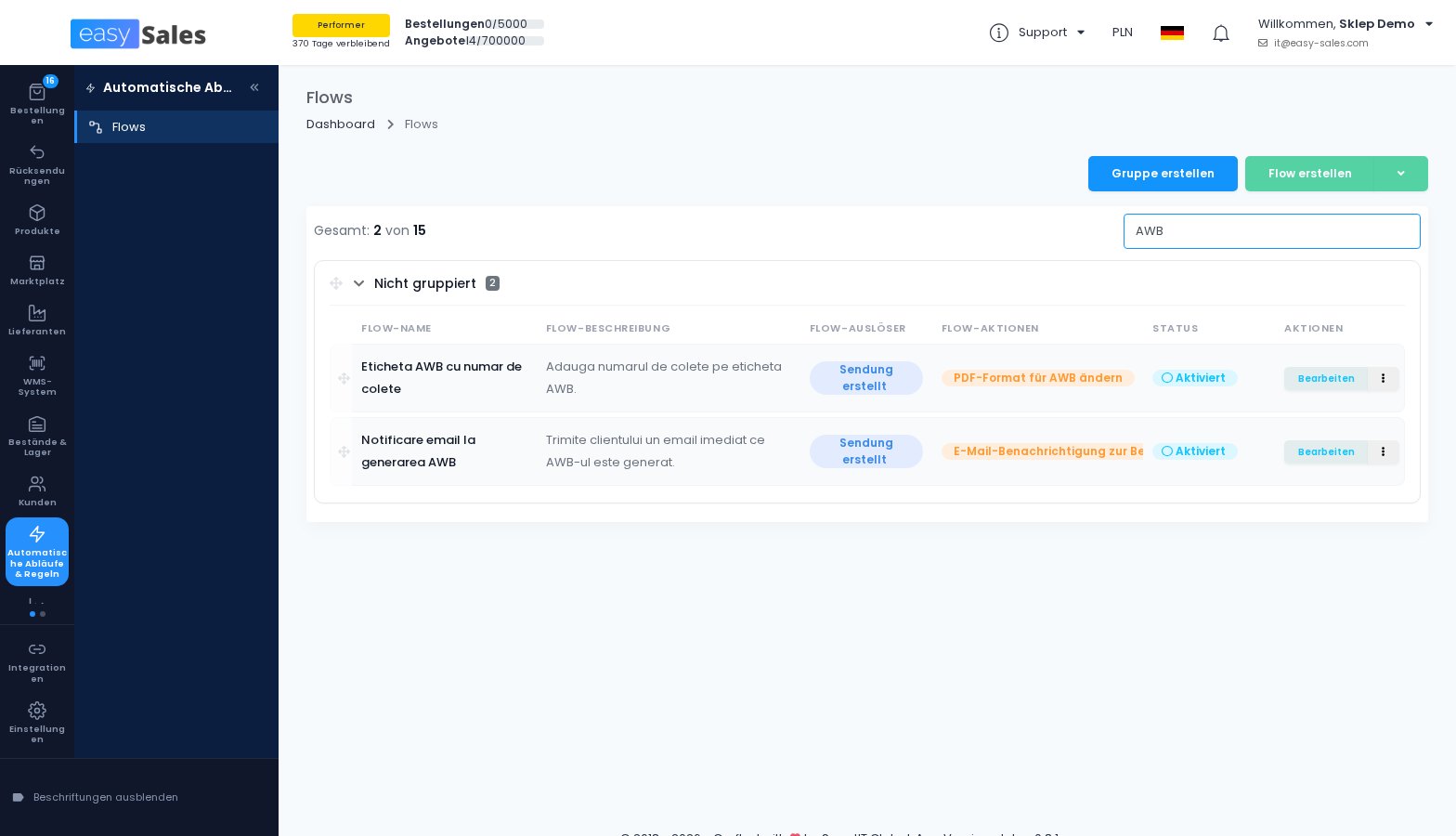 Die Flow-Liste mit dem Suchfeld in easySales