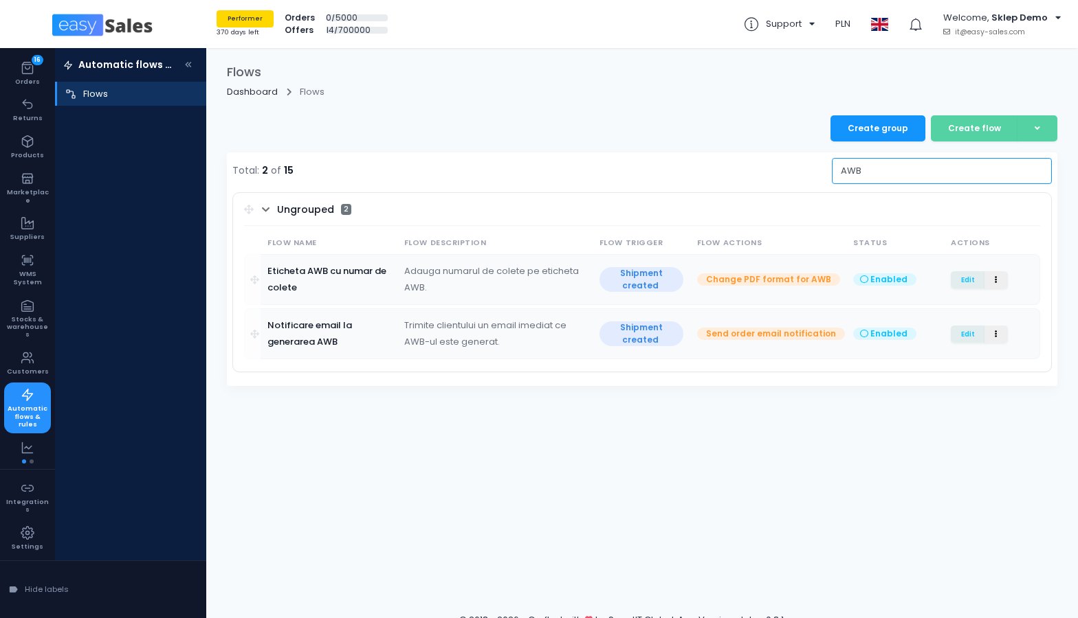 The Flows list with its search box in easySales