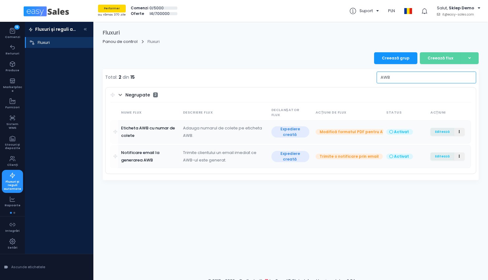 Click pentru mărire Lista de fluxuri cu caseta de cautare in easySales