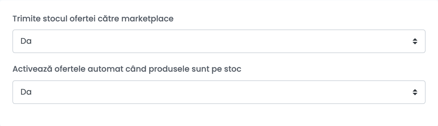 Setările adiționale ale unei conexiuni Bazarul Online: Trimite stocul ofertei către marketplace și Activează ofertele automat când produsele sunt pe stoc.