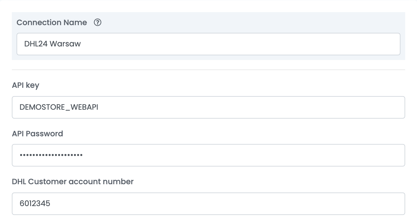 Eine DHL24-Verbindung in easySales: Verbindungsname, API-Schlüssel, das maskierte API-Passwort und die DHL-Kundenkontonummer.