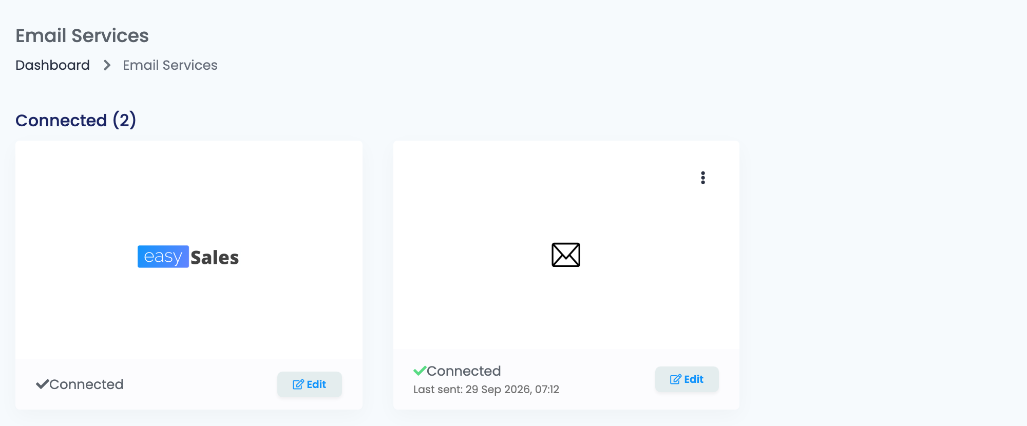Die Seite Email Services in easySales mit den Karten easySales und SMTP, beide Connected, und dem Datum der letzten über SMTP gesendeten E-Mail.