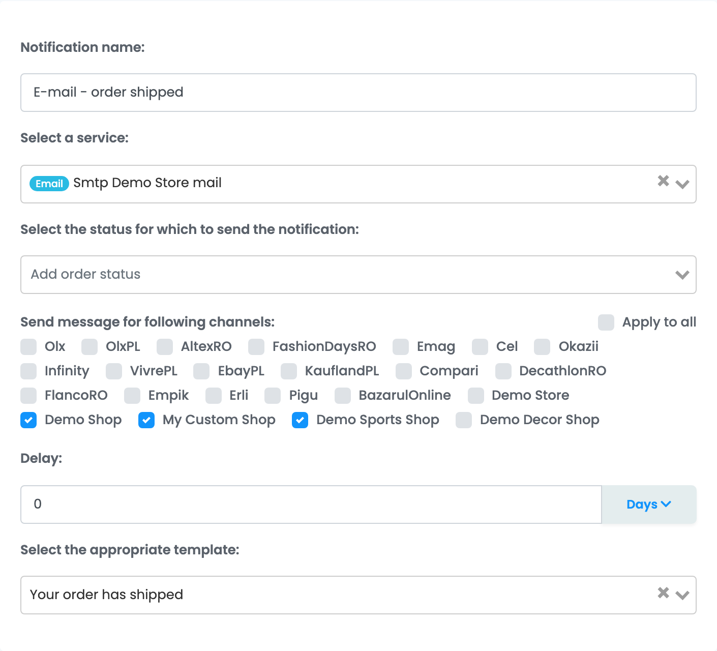 Eine Benachrichtigungsregel für AWB Created: der SMTP-Dienst ausgewählt, drei Shops unter Send message for following channels markiert und die E-Mail-Vorlage.