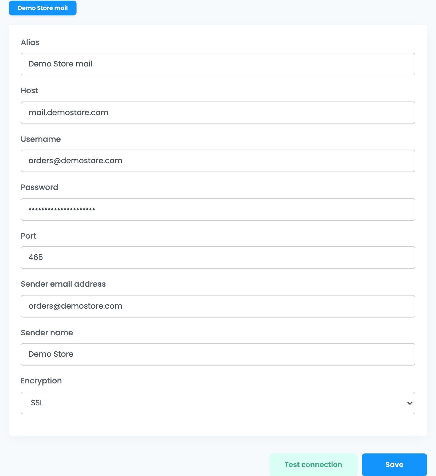 Das SMTP-Formular: Alias, Host, Username, das maskierte Password, Port 465, Sender email address, Sender name und Encryption SSL, mit den Schaltflächen Test connection und Save.