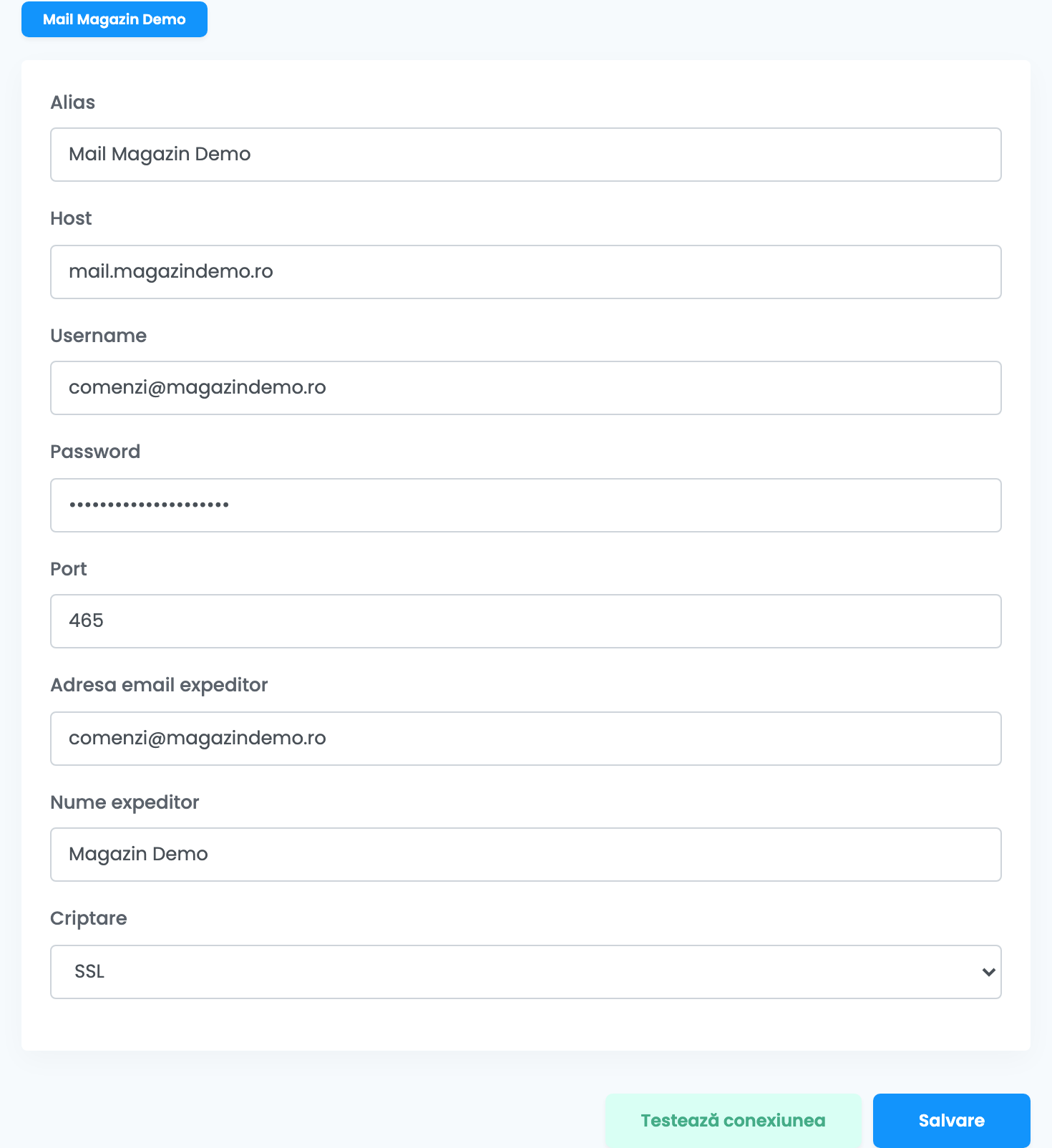 Formularul SMTP: Alias Mail Magazin Demo, Host mail.magazindemo.ro, Username comenzi@magazindemo.ro, Password mascat, Port 465, Adresa email expeditor comenzi@magazindemo.ro, Nume expeditor Magazin Demo și Criptare SSL, cu butoanele Testează conexiunea și Salvare.