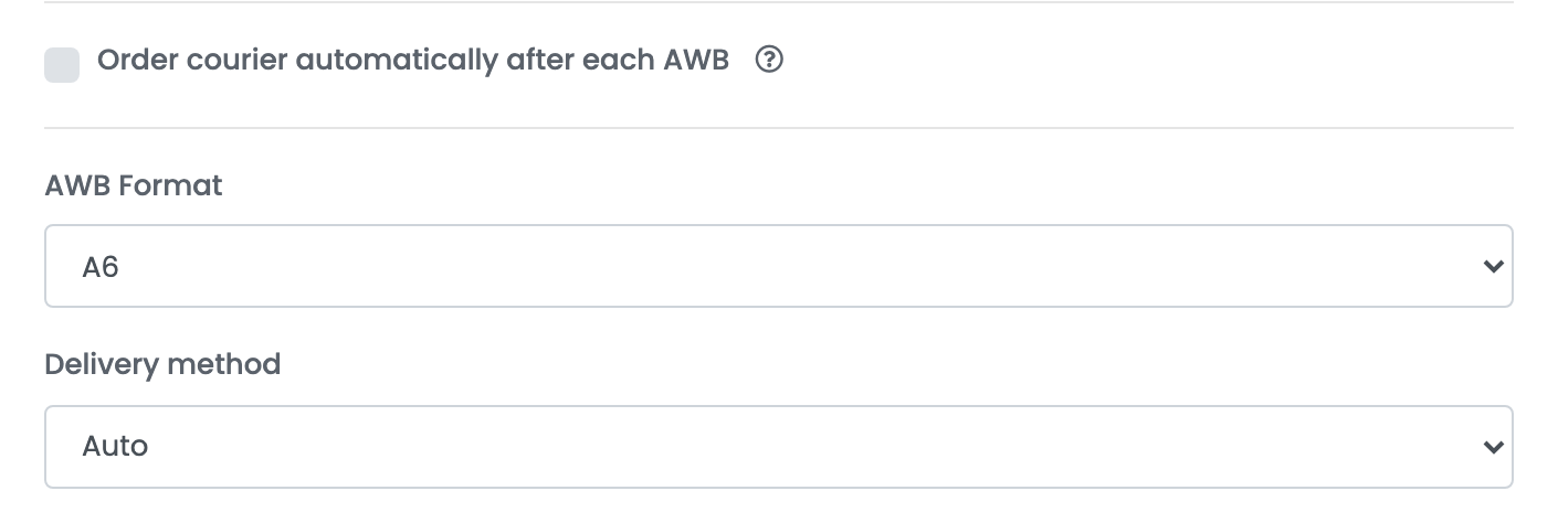 Das Ende des Allegro-Versandformulars: Order courier automatically after each AWB deaktiviert, AWB Format A6 und Delivery method Auto.