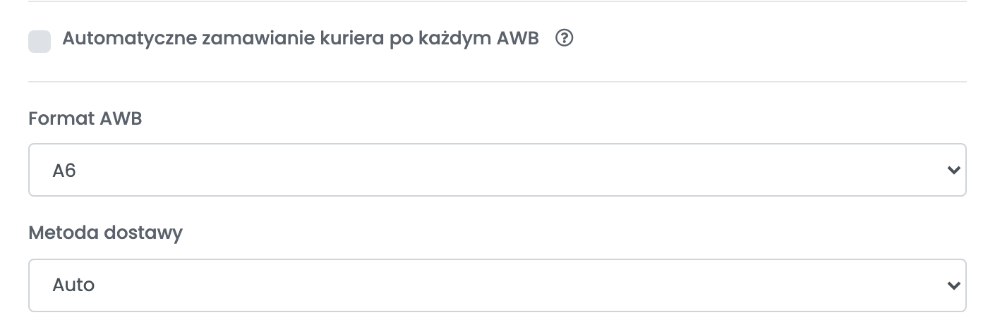 Koniec formularza wysyłki Allegro: Automatyczne zamawianie kuriera po każdym AWB odznaczone, Format AWB A6 i Metoda dostawy Auto.
