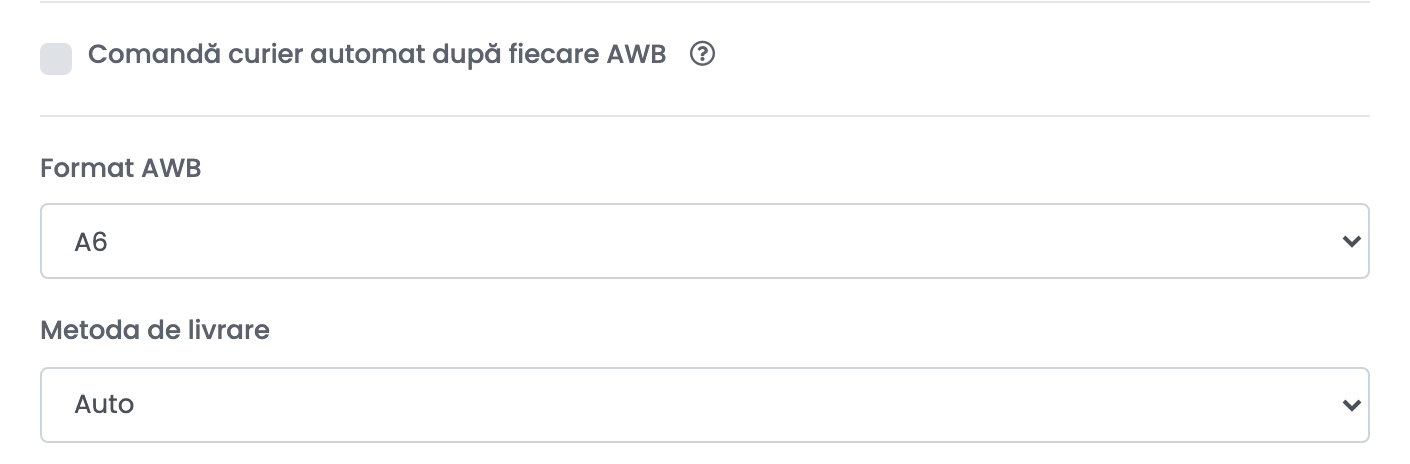 Finalul formularului de livrare Allegro: Comandă curier automat după fiecare AWB debifat, Format AWB A6 și Metoda de livrare Auto.