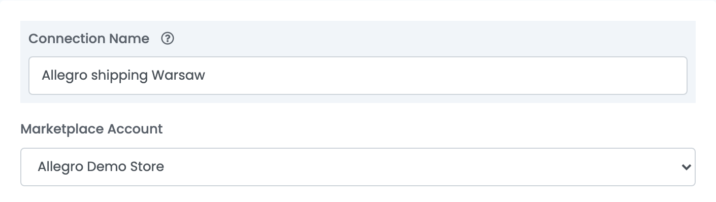 Eine AllegroPL-Versandverbindung in easySales: Connection Name „Allegro shipping Warsaw“ und Marketplace Account auf die Verbindung „Allegro Demo Store“ gesetzt.