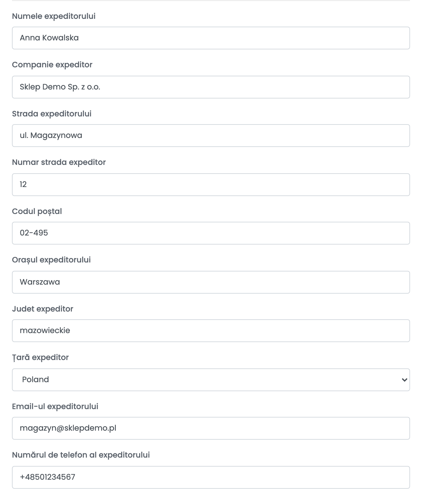 Secțiunea expeditorului unei conexiuni de livrare Allegro: expeditor din Warszawa, cu companie, stradă, număr, cod poștal, județ, țara Poland, email și telefon.