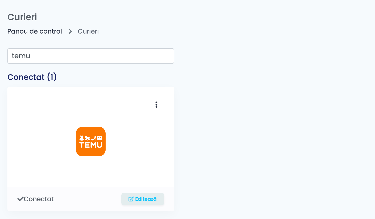 Pagina Curieri din easySales, cu căutarea temu și cardul Temu conectat.
