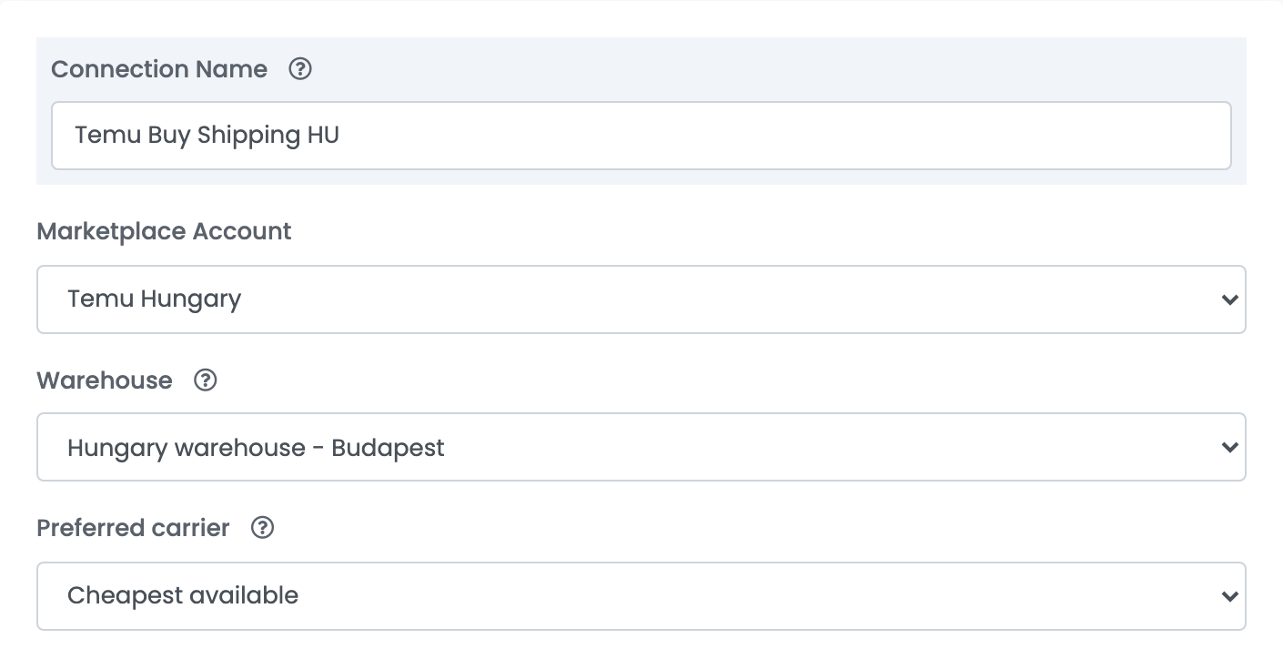 Die zweite Temu-Buy-Shipping-Verbindung: Marketplace Account Temu Hungary mit eigenem Lager, Hungary warehouse - Budapest.