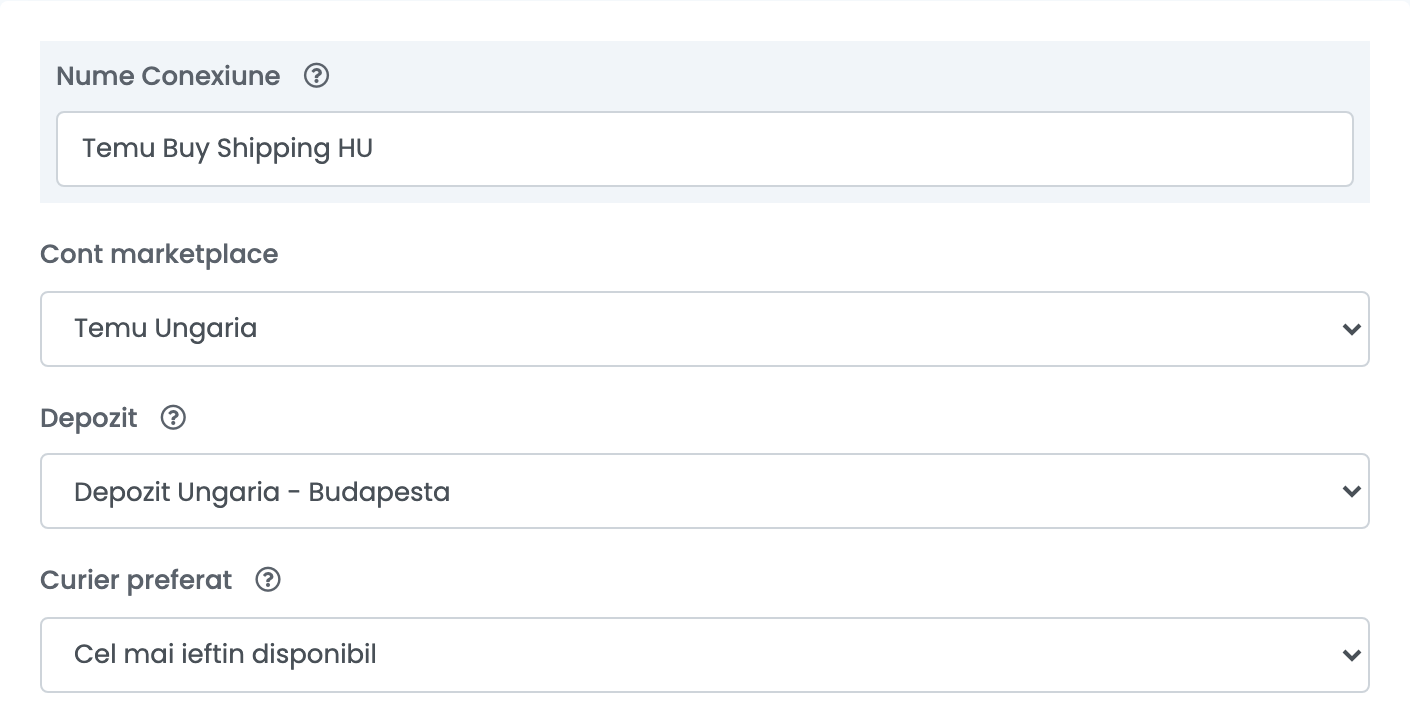 A doua conexiune Temu Buy Shipping: Cont marketplace Temu Ungaria, cu depozitul ei, Depozit Ungaria - Budapesta.