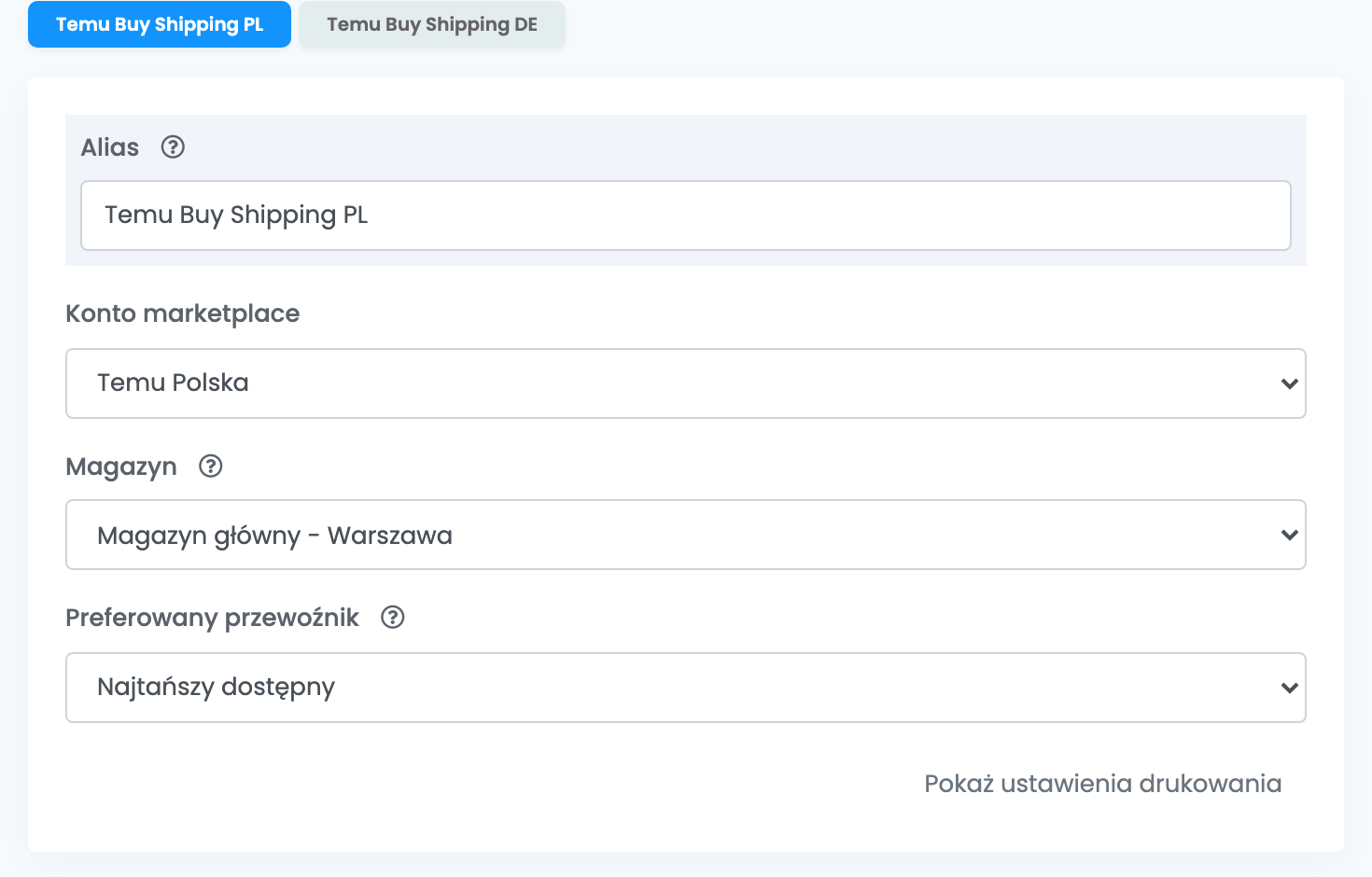 Dwa połączenia Temu Buy Shipping, PL i DE, z otwartym połączeniem PL: Alias, Konto marketplace Temu Polska, Magazyn główny - Warszawa i Preferowany przewoźnik Najtańszy dostępny.