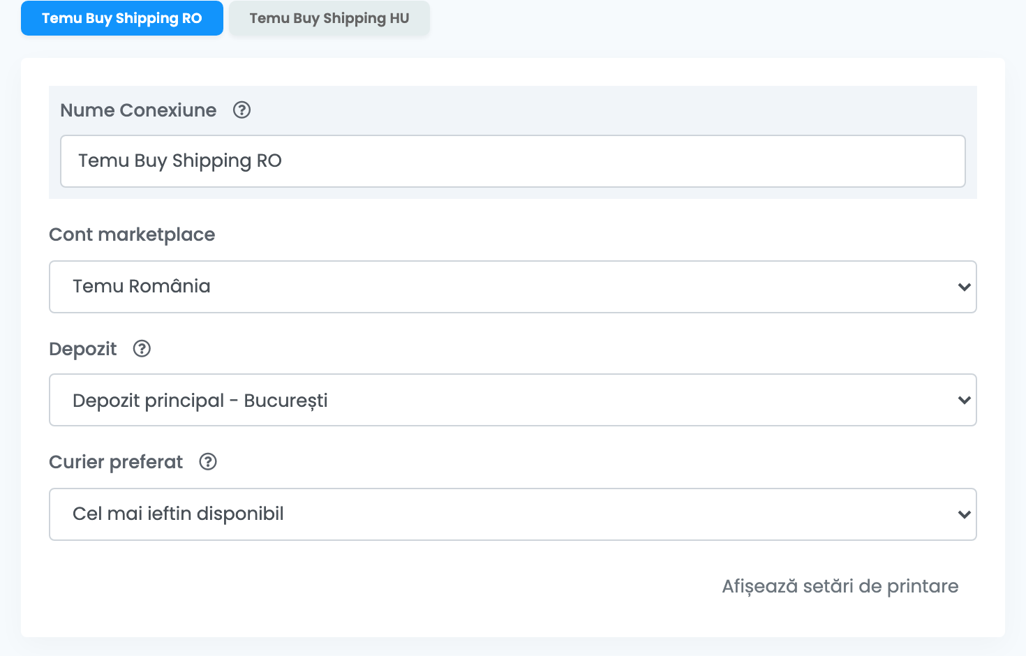 Două conexiuni Temu Buy Shipping, RO și HU, cu cea RO deschisă: Nume Conexiune, Cont marketplace Temu România, Depozit principal - București și Curier preferat Cel mai ieftin disponibil.